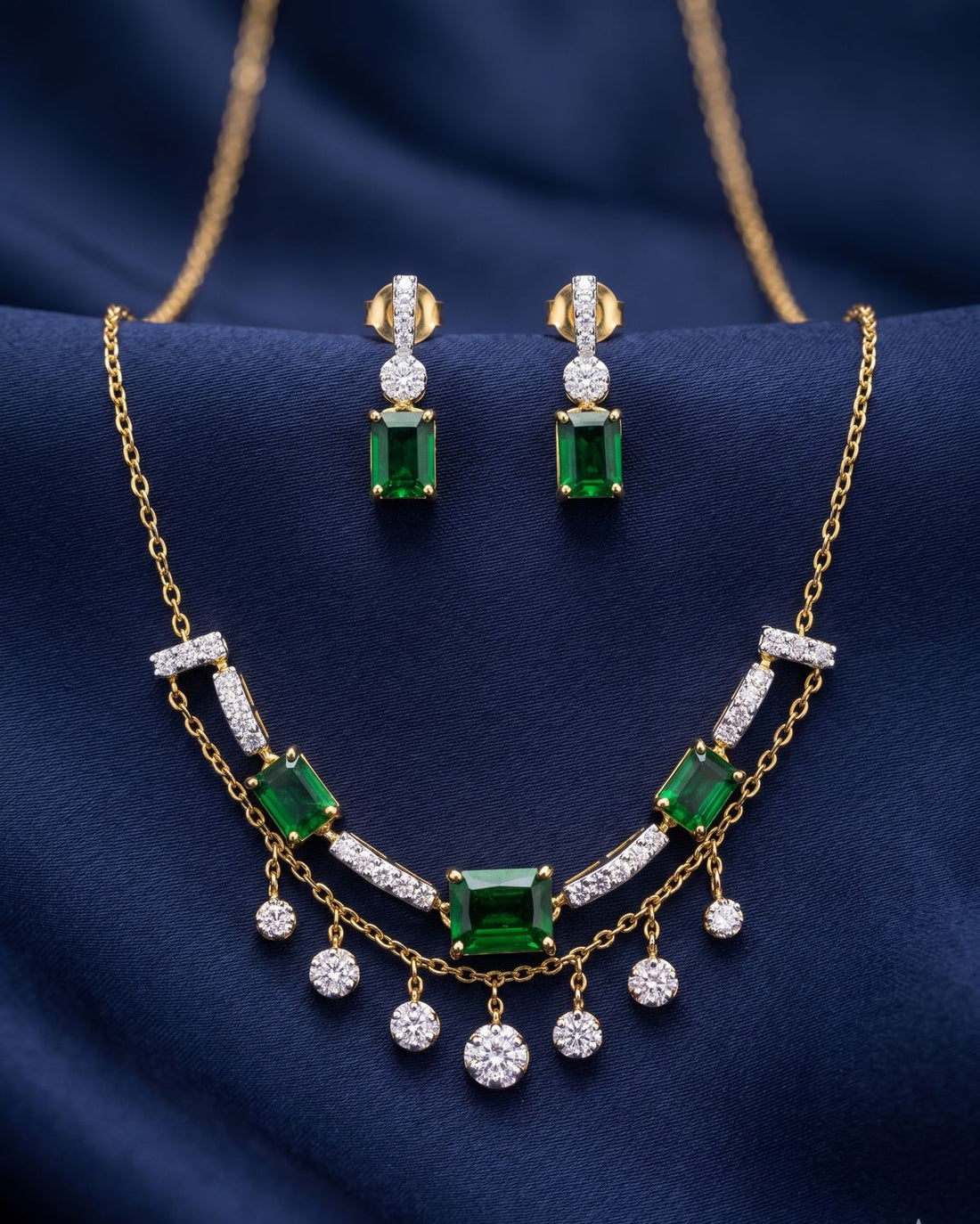 Regal Emerald & Diamond Geometric Chandelier Necklace Set